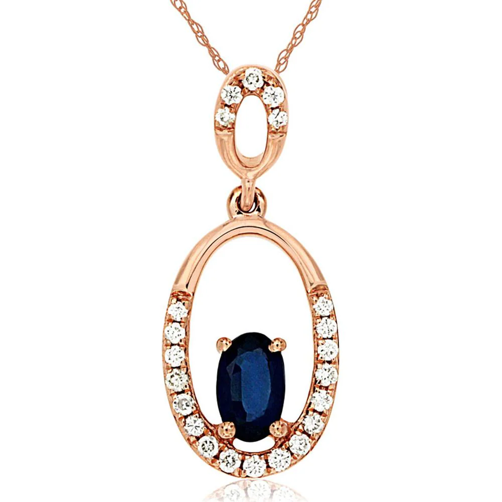 14K Rose Gold Oval Sapphire and Diamond Halo Pendant Necklace - 0.30 Carats Sapphire and 0.10 Carats Total Diamond Weight - Royal Jewelry