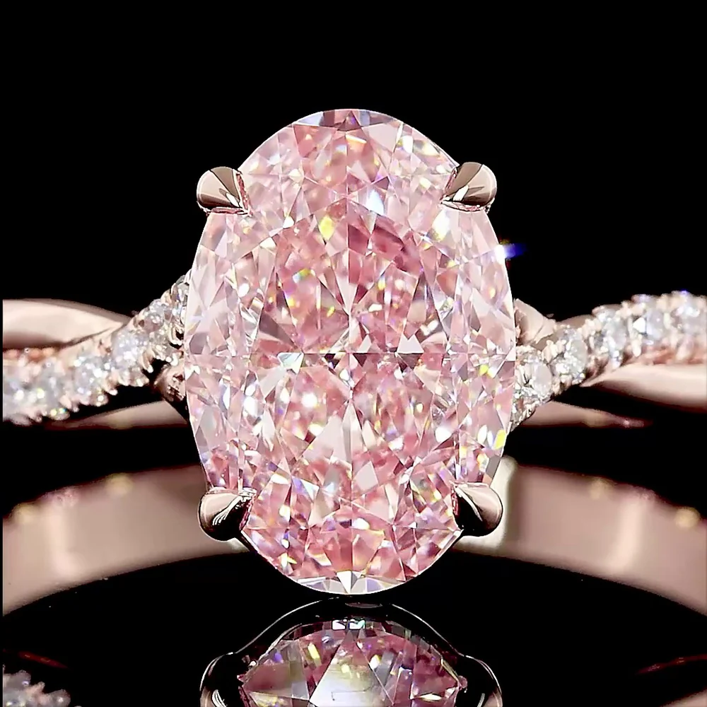 14K Rose Gold Oval Solitaire Ring with 2.06 Carat Fancy Vivid Pink Lab Diamond and Accented Diamond Twist Shank - Total 2.16 Carats - Covaloro Fine Jewelry - Image 2