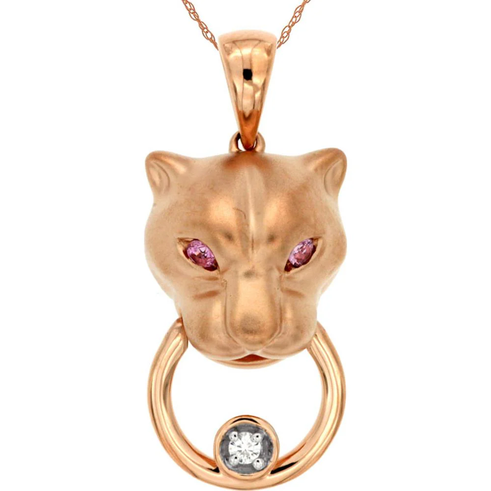 14K Rose Gold Panther Head Pendant with Ruby Eyes and Bezel-Set Round Diamond - 0.03 Carat Diamond, 0.07 Carat Ruby - Royal Jewelry