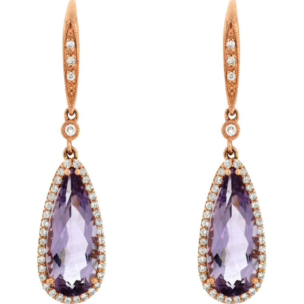 14K Rose Gold Pear Shape Amethyst and Diamond Drop Earrings with Diamond Halo Accents - 6.00 Carat Total Amethyst Weight and 0.45 Carat Total Diamond Weight - Royal Jewelry