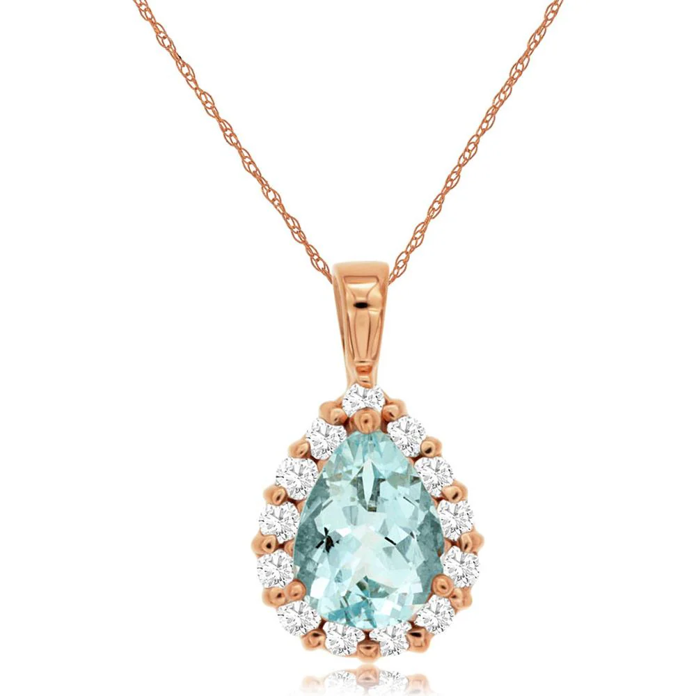 14K Rose Gold Pear Shape Aquamarine and Diamond Halo Pendant - 0.95 Carat Aquamarine Total Weight, 0.30 Carat Diamond Total Weight - Royal Jewelry