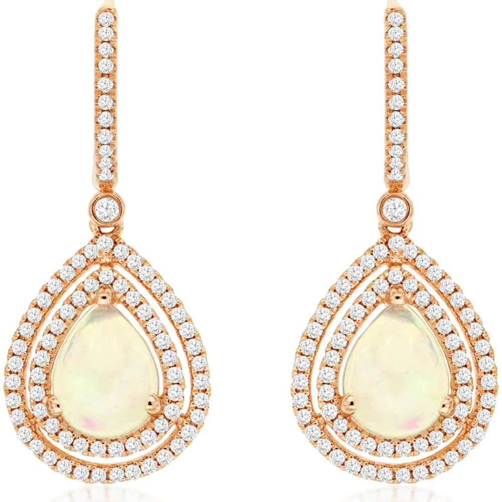 14K Rose Gold Pear Shape Opal Drop Earrings with Double Halo Round Diamonds - 2.40 Carat Total Opal Weight & 0.85 Carat Total Diamond Weight - Royal Jewelry