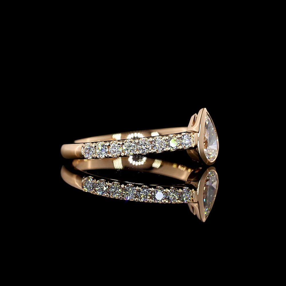 14K Rose Gold Pear Shape Solitaire Lab Diamond Ring with Bezel and Prong Set Brilliant Cut Accent Diamonds - 0.66 Carat Total Diamond Weight - Covaloro Fine Jewelry - Image 2