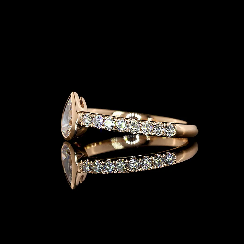 14K Rose Gold Pear Shape Solitaire Lab Diamond Ring with Bezel and Prong Set Brilliant Cut Accent Diamonds - 0.66 Carat Total Diamond Weight - Covaloro Fine Jewelry - Image 3