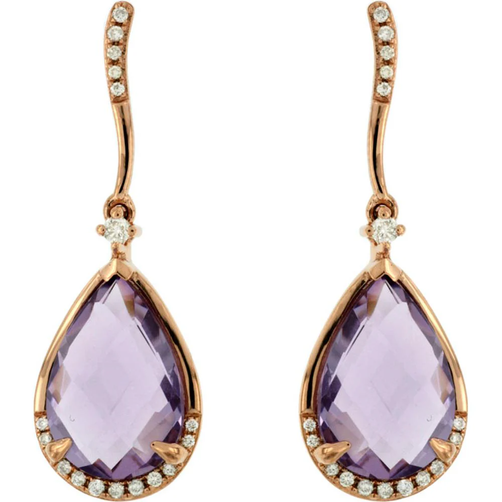 14K Rose Gold Pear-Shaped Amethyst and Diamond Drop Earrings - 4.50 Carat Total Amethyst Weight, 0.12 Carat Total Diamond Weight - Royal Jewelry