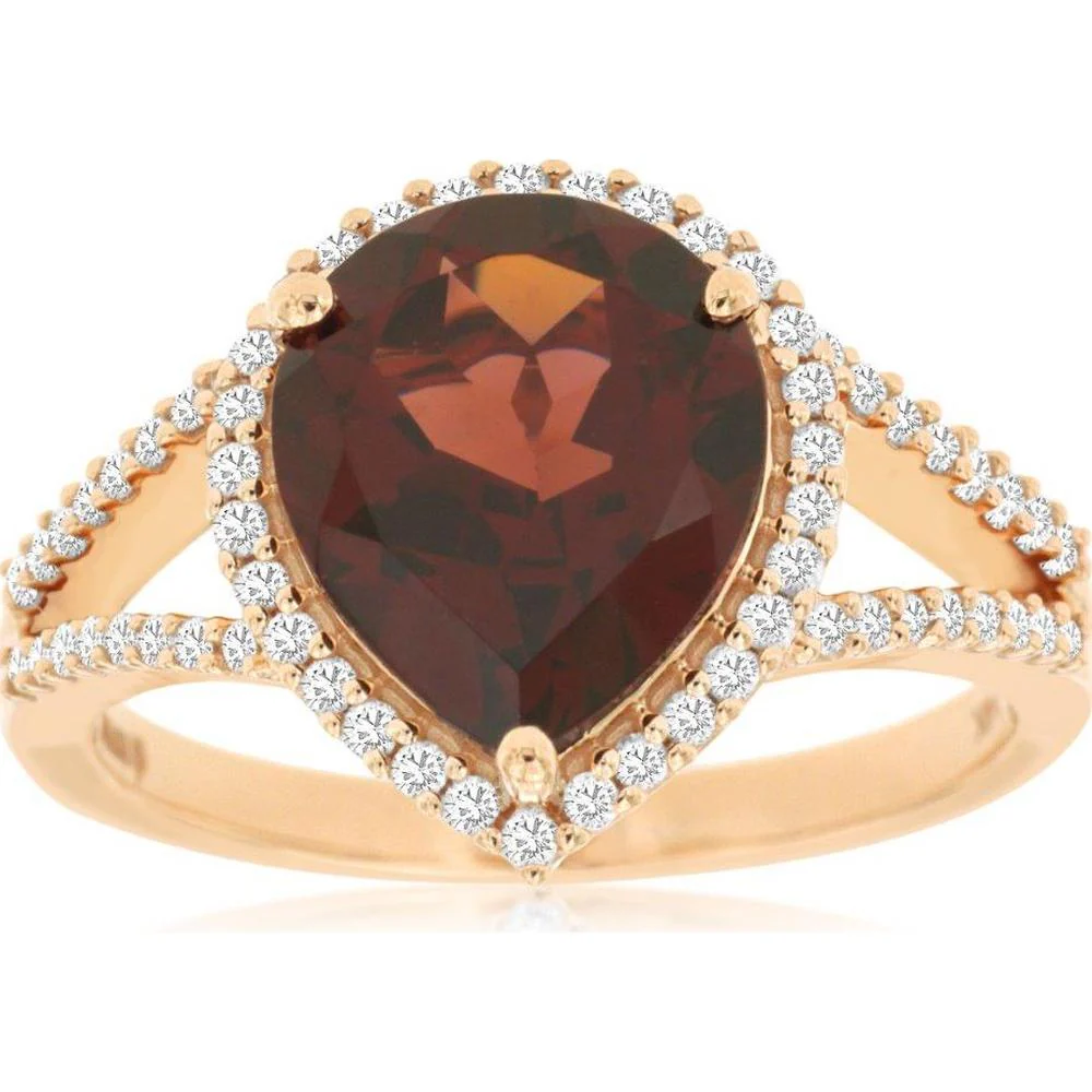 14K Rose Gold Pear-Shaped Garnet Halo Ring with Split Shank Diamond Band - 4.30 Carat Garnet and 0.30 Carat Diamond Total Weight - Royal Jewelry