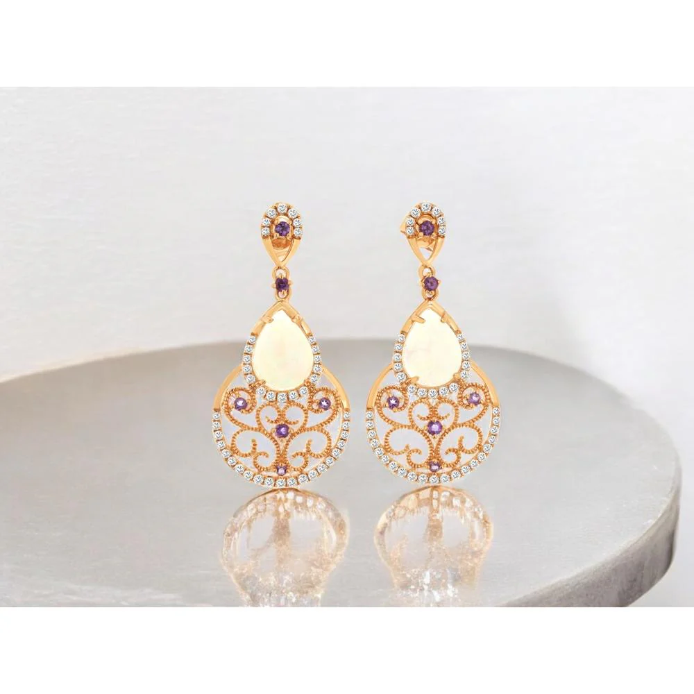 14K Rose Gold Pear-Shaped Opal and Diamond Drop Earrings with Milgrain Filigree and Purple Accents - 1.20 Carat Total Opal Weight, 0.50 Carat Total Diamond Weight - Royal Jewelry - Image 2