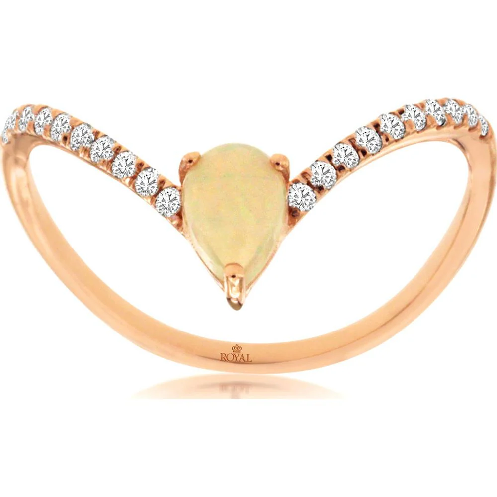 14K Rose Gold Pear-Shaped Opal and Diamond V-Ring with 0.30 Carat Opal and 0.14 Carat Total Diamond Weight - Royal Jewelry