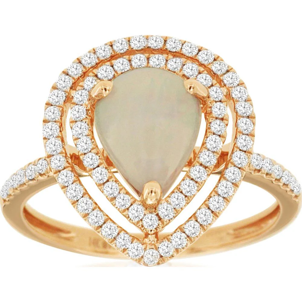 14K Rose Gold Pear Shaped Opal and Double Halo Diamond Ring - 1.20 Carat Opal and 0.40 Carat Diamond Total Weight - Royal Jewelry