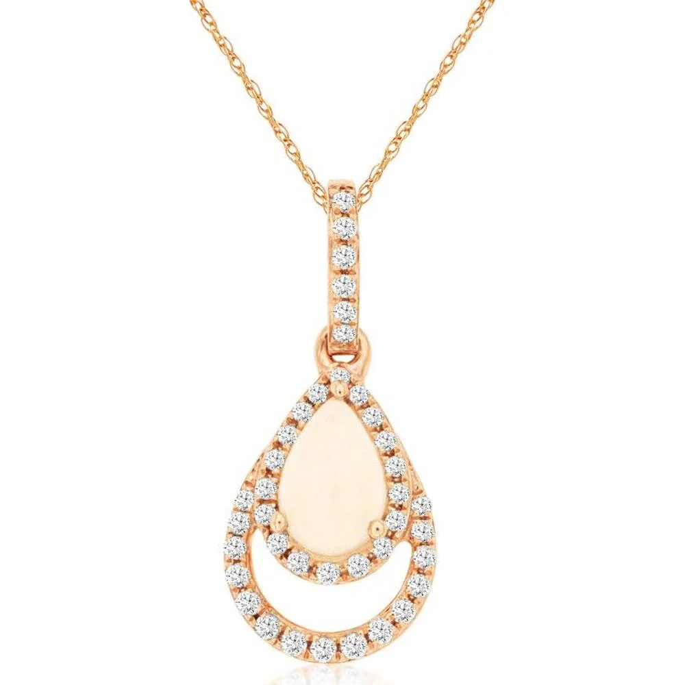 14K Rose Gold Pear-Shaped Opal Pendant with Diamond Halo - 0.25 Carat Opal & 0.11 Carat Total Diamond Weight - Royal Jewelry