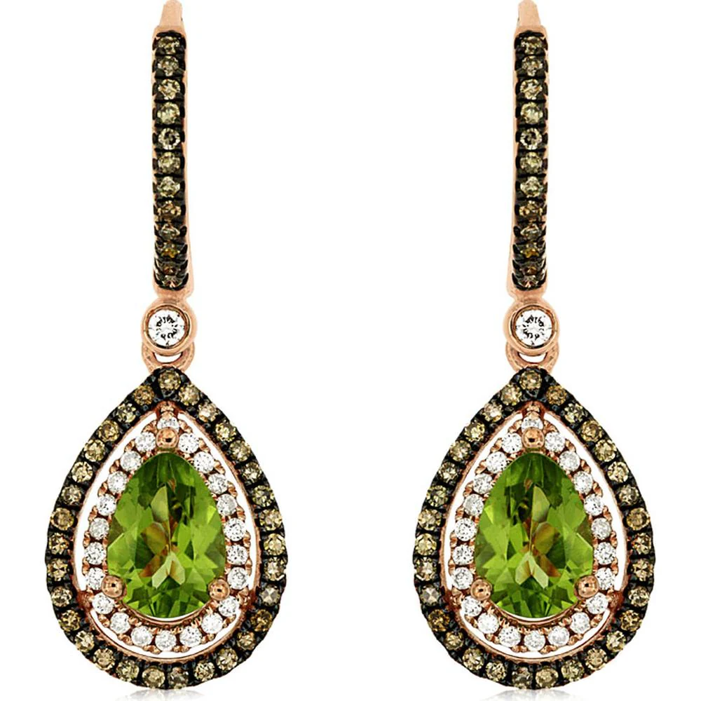 14K Rose Gold Pear-Shaped Peridot and Mocha Diamond Double Halo Drop Earrings with Lever Backs - 1.50 Carat Peridot, 0.56 Carat Total Diamond Weight (White & Mocha) - Royal Jewelry