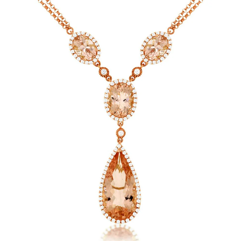 14K Rose Gold Pendant Necklace with Oval and Teardrop Morganite and Diamond Halo - 9.05 Carats Total Morganite Weight - Royal Jewelry