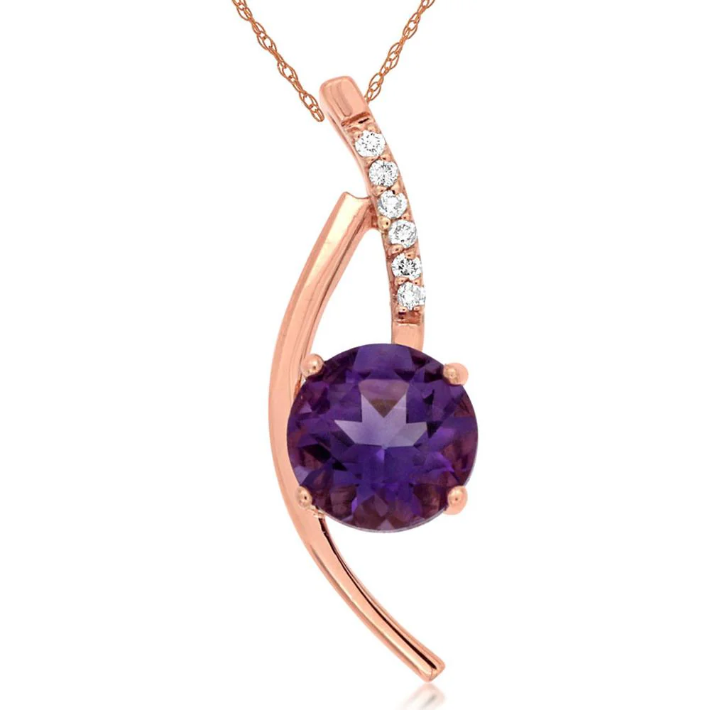 14K Rose Gold Pendant with 1.10 Carat Round Amethyst and Diamond Accents - 0.05 Carat Total Diamond Weight - Royal Jewelry