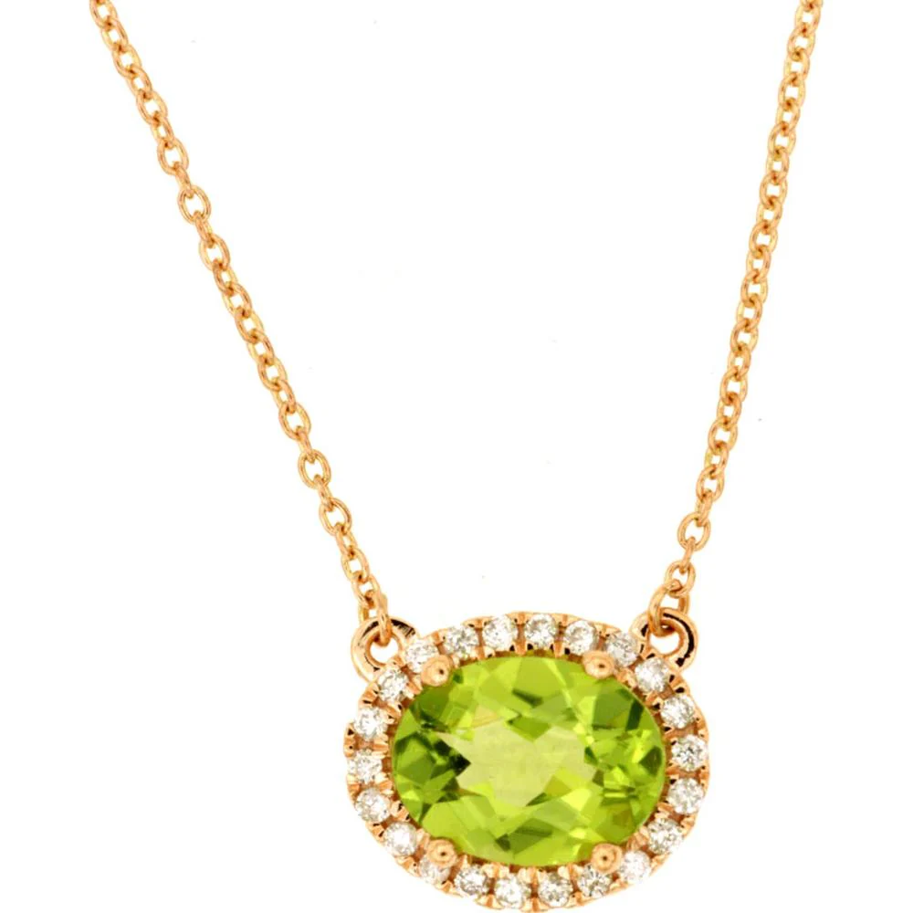 14K Rose Gold Peridot & Diamond Halo Necklace - 1.52 Carats Total Carat Weight - Royal Jewelry