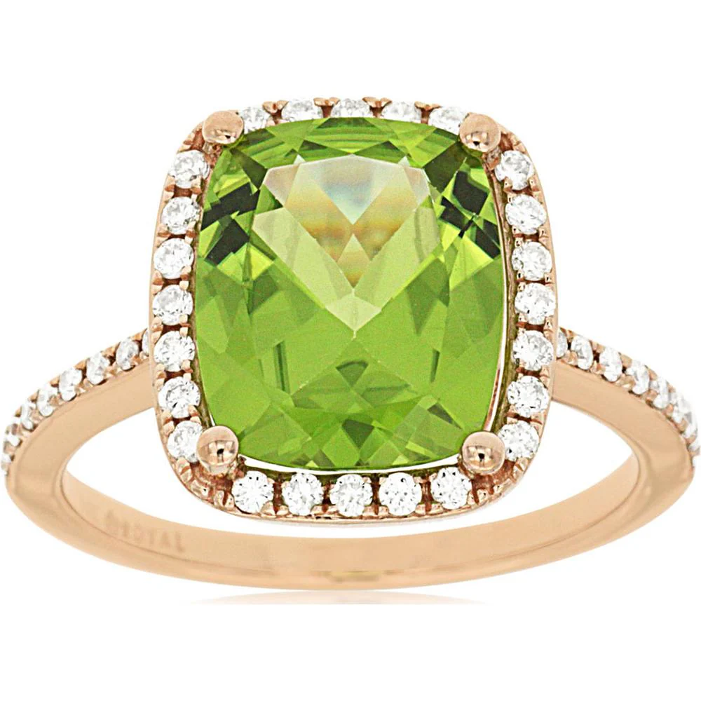14K Rose Gold Peridot & Diamond Halo Ring with 4.25 Carats Peridot and 0.30 Carats Total Diamond Weight - Royal Jewelry