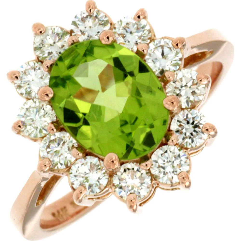 14K Rose Gold Peridot & Diamond Halo Ring with Oval Peridot - 1.85 Carats Peridot, 1.00 Carat Total Diamond Weight - Royal Jewelry