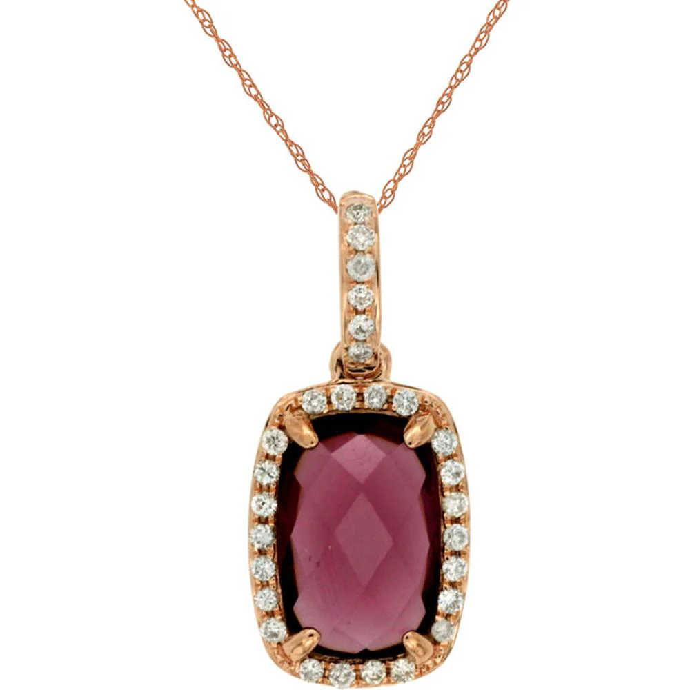 14K Rose Gold Rhodolite & Diamond Halo Pendant Necklace with Cushion Cut Rhodolite - 1.96 Carats Total Gem Weight - Royal Jewelry