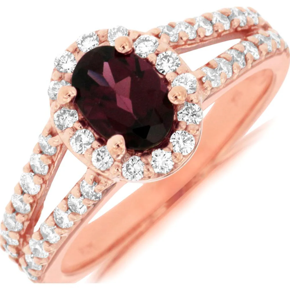 14K Rose Gold Rhodolite & Diamond Halo Ring - 1.65 Carats Total Gemstone Weight - Royal Jewelry