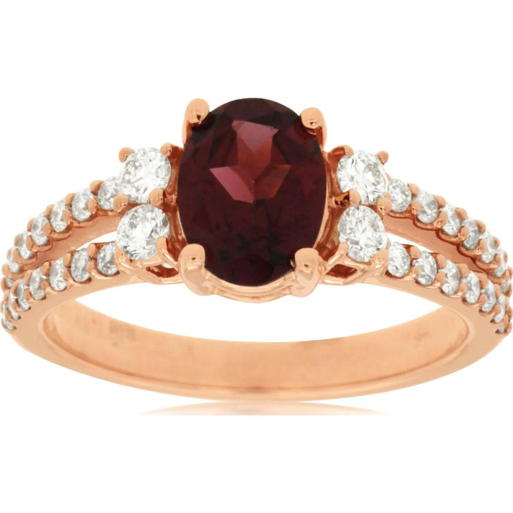 14K Rose Gold Rhodolite & Diamond Halo Ring - 2.20 Carats Total Gemstone Weight - Royal Jewelry