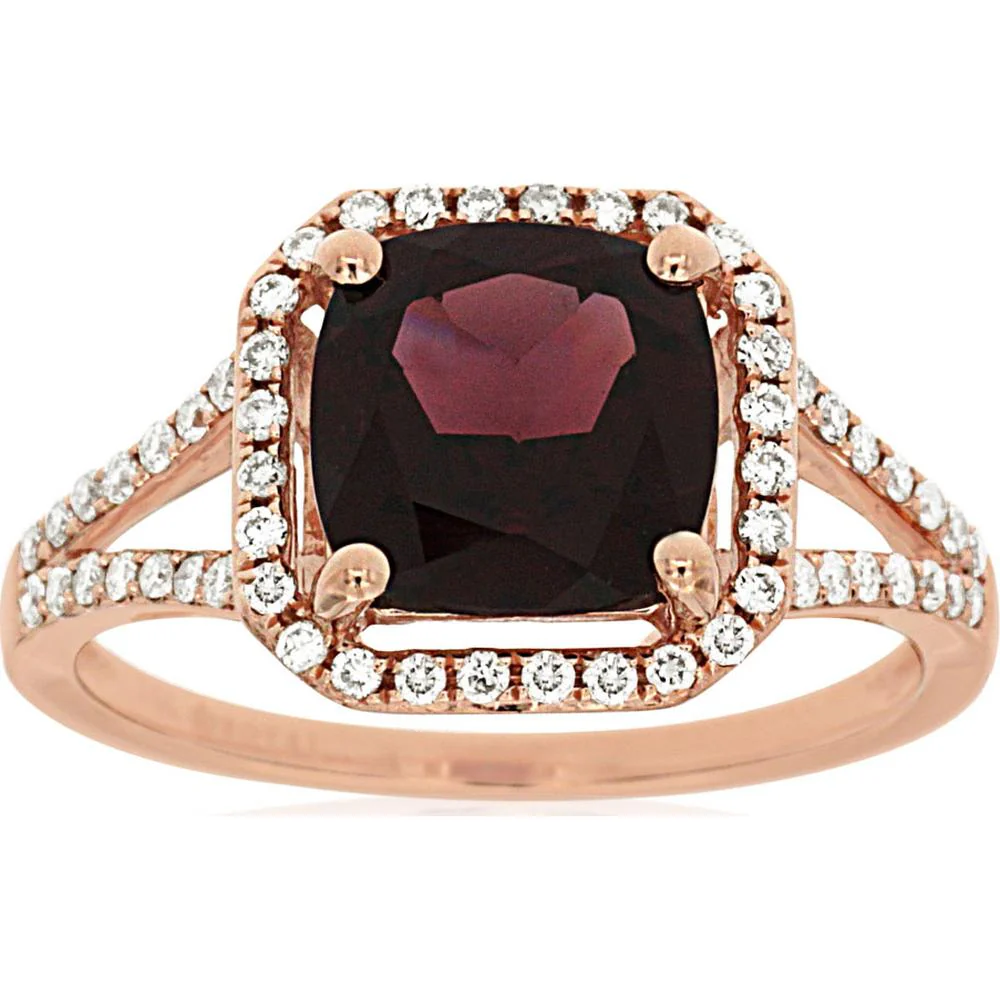 14K Rose Gold Rhodolite & Diamond Halo Ring - 2.95 Carats Total Gem Weight - Royal Jewelry
