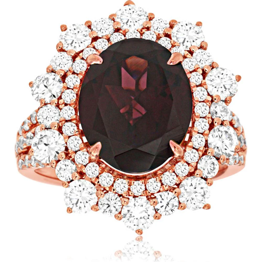 14K Rose Gold Rhodolite & Diamond Halo Ring - 7.20 Carats Total Weight - Royal Jewelry