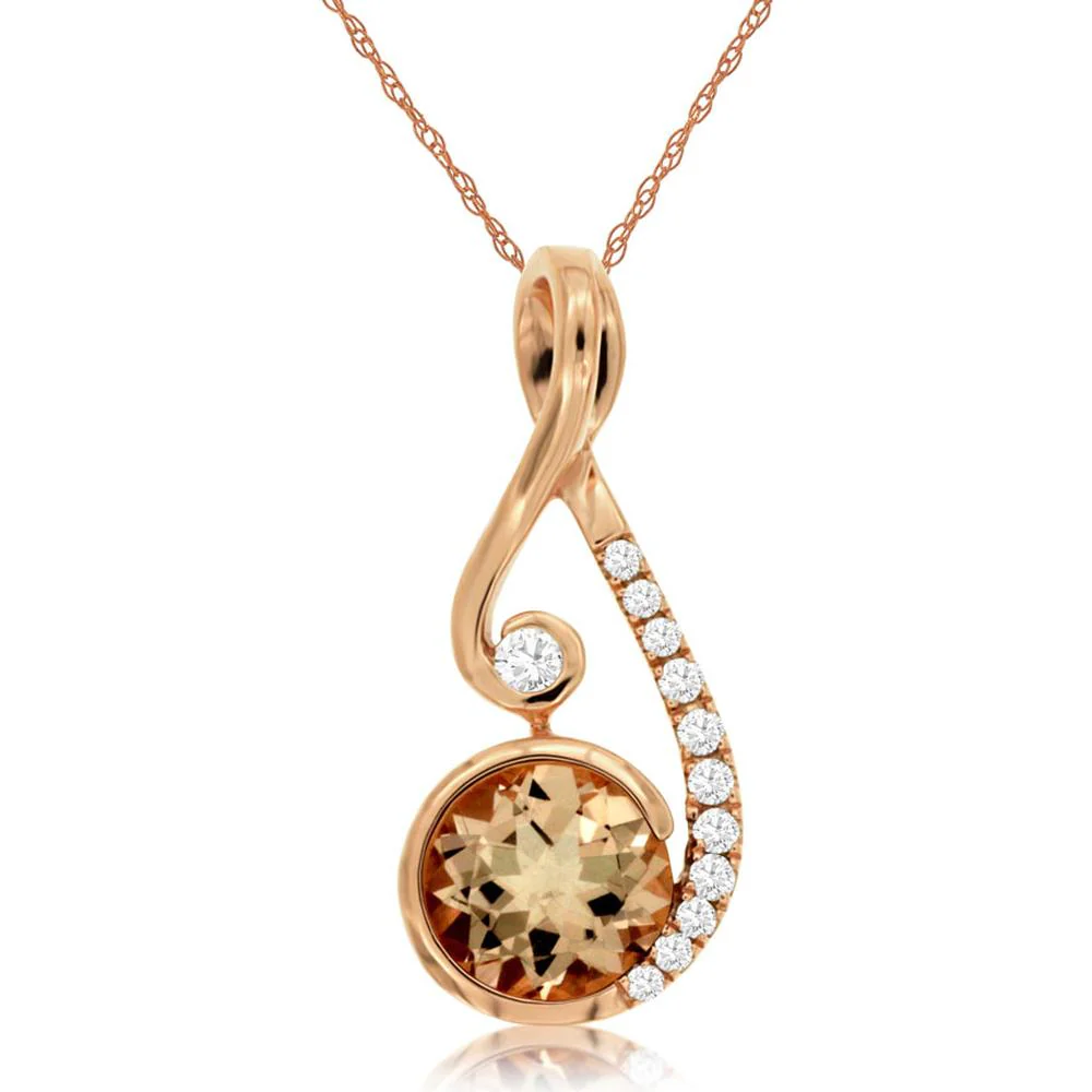 14K Rose Gold Round Morganite and Diamond Accent Sweeping Pendant - 0.73 Carat Morganite Total Weight, 0.08 Carat Diamond Total Weight - Royal Jewelry