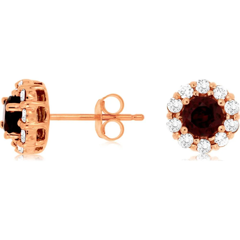 14K Rose Gold Round Rhodolite and Diamond Halo Stud Earrings - 0.90 Carat Total Rhodolite Weight and 0.40 Carat Total Diamond Weight - Royal Jewelry