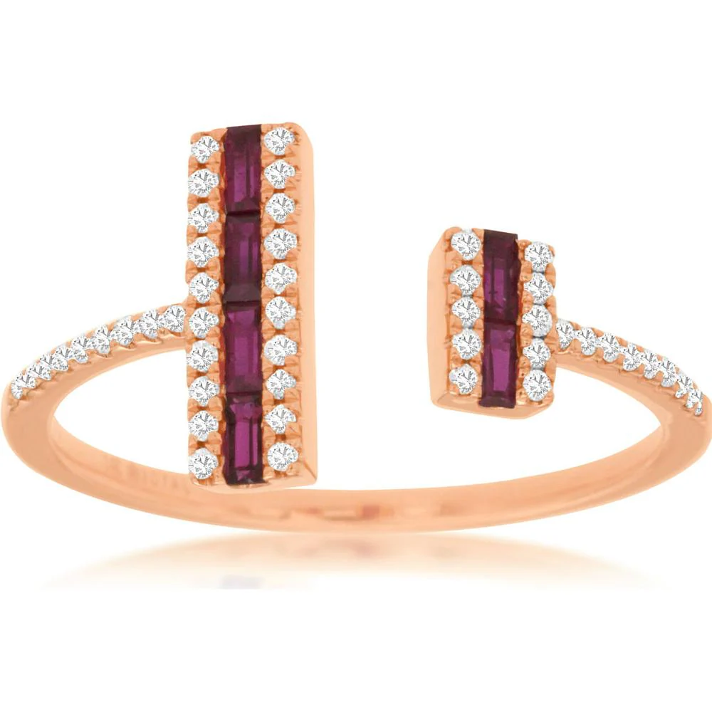 14K Rose Gold Ruby & Diamond Baguette Ring with Halo - 0.36 Carats Total Ruby Weight, 0.14 Carats Total Diamond Weight - Royal Jewelry