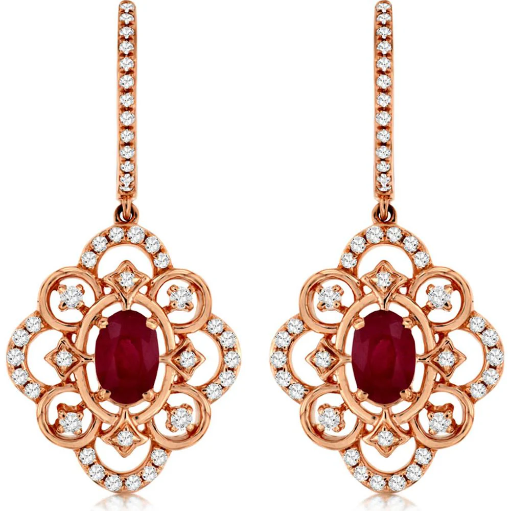 14K Rose Gold Ruby & Diamond Drop Earrings with Oval Rubies - 1.25 Carats Total Ruby Weight, 0.90 Carats Total Diamond Weight - Royal Jewelry