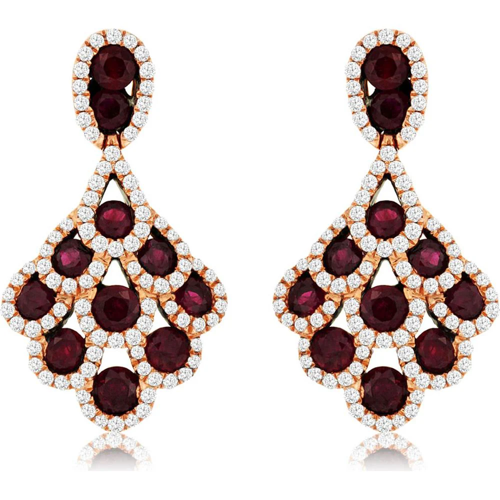 14K Rose Gold Ruby and Diamond Halo Drop Earrings - 2.40 Carat Total Ruby Weight and 0.90 Carat Total Diamond Weight - Royal Jewelry