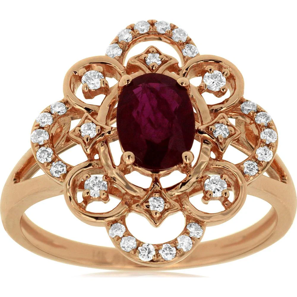 14K Rose Gold Ruby & Diamond Halo Ring with 0.90 Carat Oval Ruby and 0.22 Carat Total Diamond Weight - Royal Jewelry