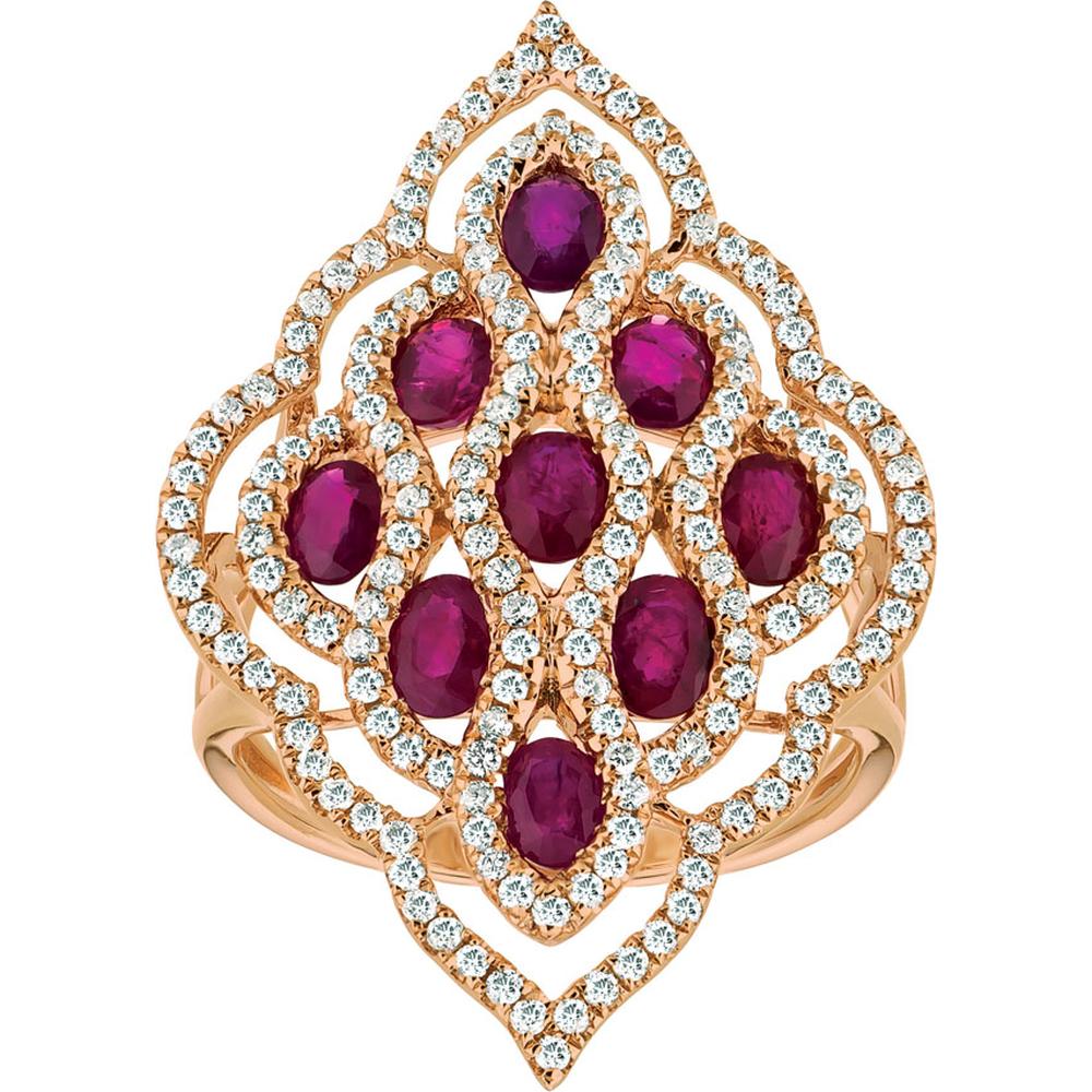 14K Rose Gold Ruby & Diamond Halo Ring with 1.85 Carats Rubies & 0.88 Carats Diamonds - Royal Jewelry