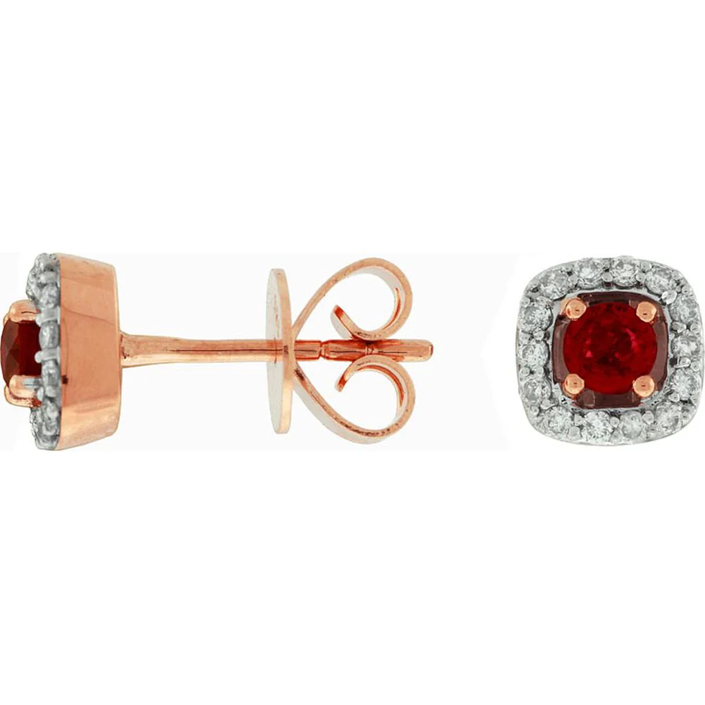 14K Rose Gold Ruby & Diamond Halo Stud Earrings - 0.35 Carats Ruby & 0.18 Carats Diamond Total Weight - Royal Jewelry