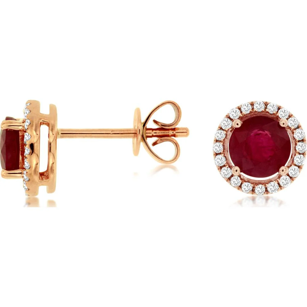 14K Rose Gold Ruby & Diamond Halo Stud Earrings - 1.44 Carats Total Ruby Weight, 0.30 Carats Total Diamond Weight - Royal Jewelry