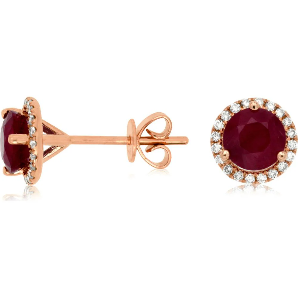 14K Rose Gold Ruby & Diamond Halo Stud Earrings - 1.50 Carats Ruby, 0.32 Carats Total Diamond Weight - Royal Jewelry