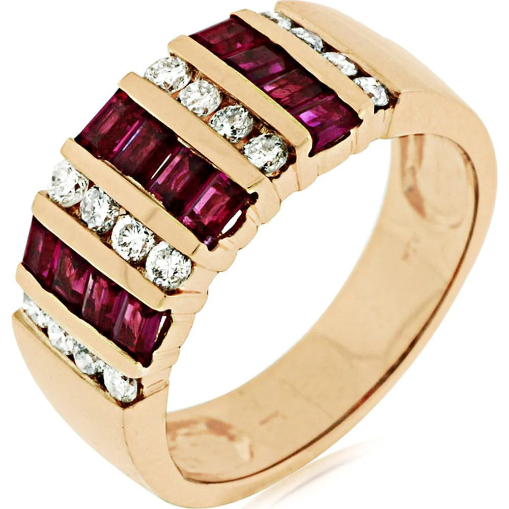 14K Rose Gold Ruby & Diamond Ring with Baguette Cut Rubies and Round Diamonds - 1.65 Carats Total Gem Weight - Royal Jewelry