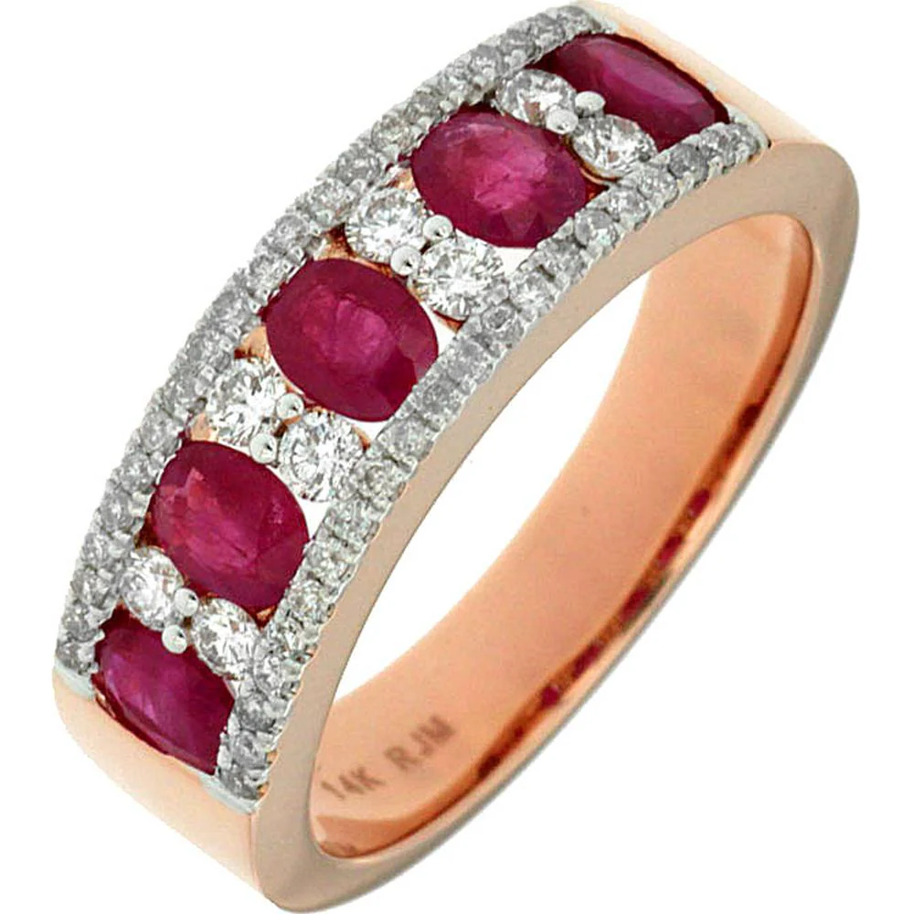 14K Rose Gold Ruby and Diamond Ring with Oval Rubies - 1.39 Carats Total Ruby Weight, 0.39 Carats Total Diamond Weight - Royal Jewelry