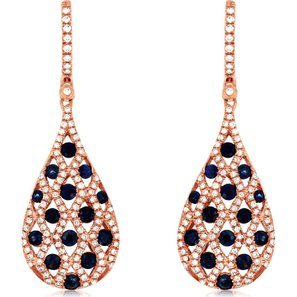 14K Rose Gold Sapphire & Diamond Drop Earrings - 1.45 Carats Total Sapphire Weight, 0.75 Carats Total Diamond Weight - Royal Jewelry