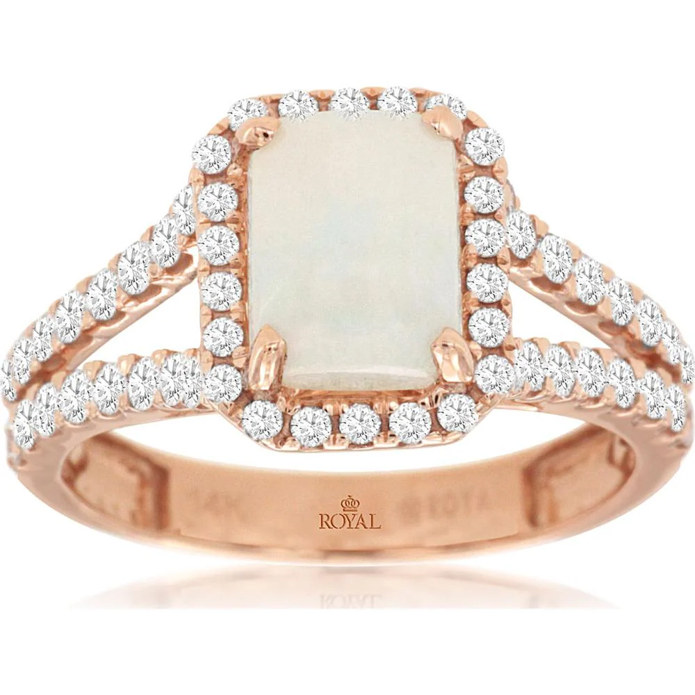 14K Rose Gold Split Shank Halo Ring with Cushion Cut Opal and Round Diamonds - 0.95 Carat Opal and 0.71 Carat Total Diamond Weight - Royal Jewelry