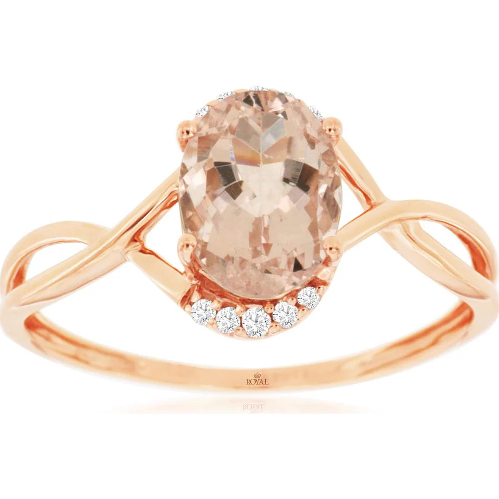 14K Rose Gold Split Shank Ring with 1.00 Carat Oval Morganite and 0.04 Carat Diamond Accents - Royal Jewelry