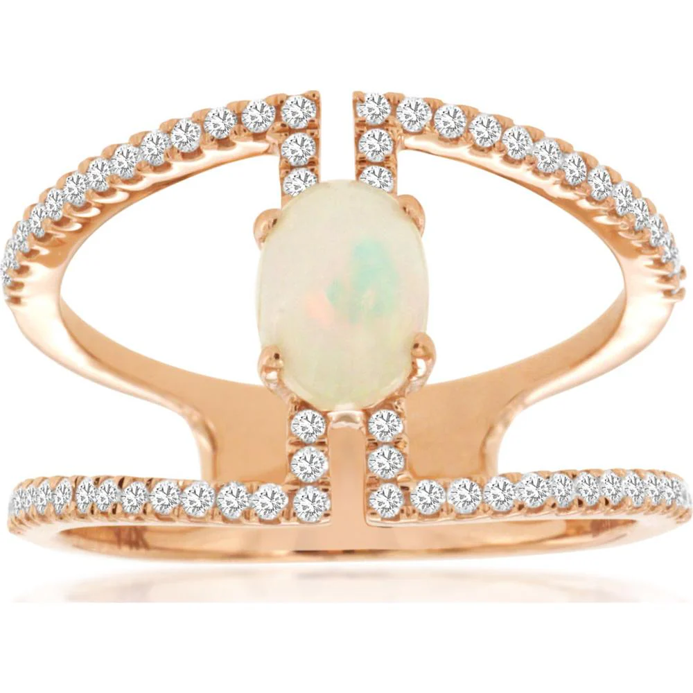 14K Rose Gold Split Shank Ring with Oval Opal and Pavé Set Round Diamonds - 0.50 Carat Opal and 0.35 Carat Total Diamond Weight - Royal Jewelry