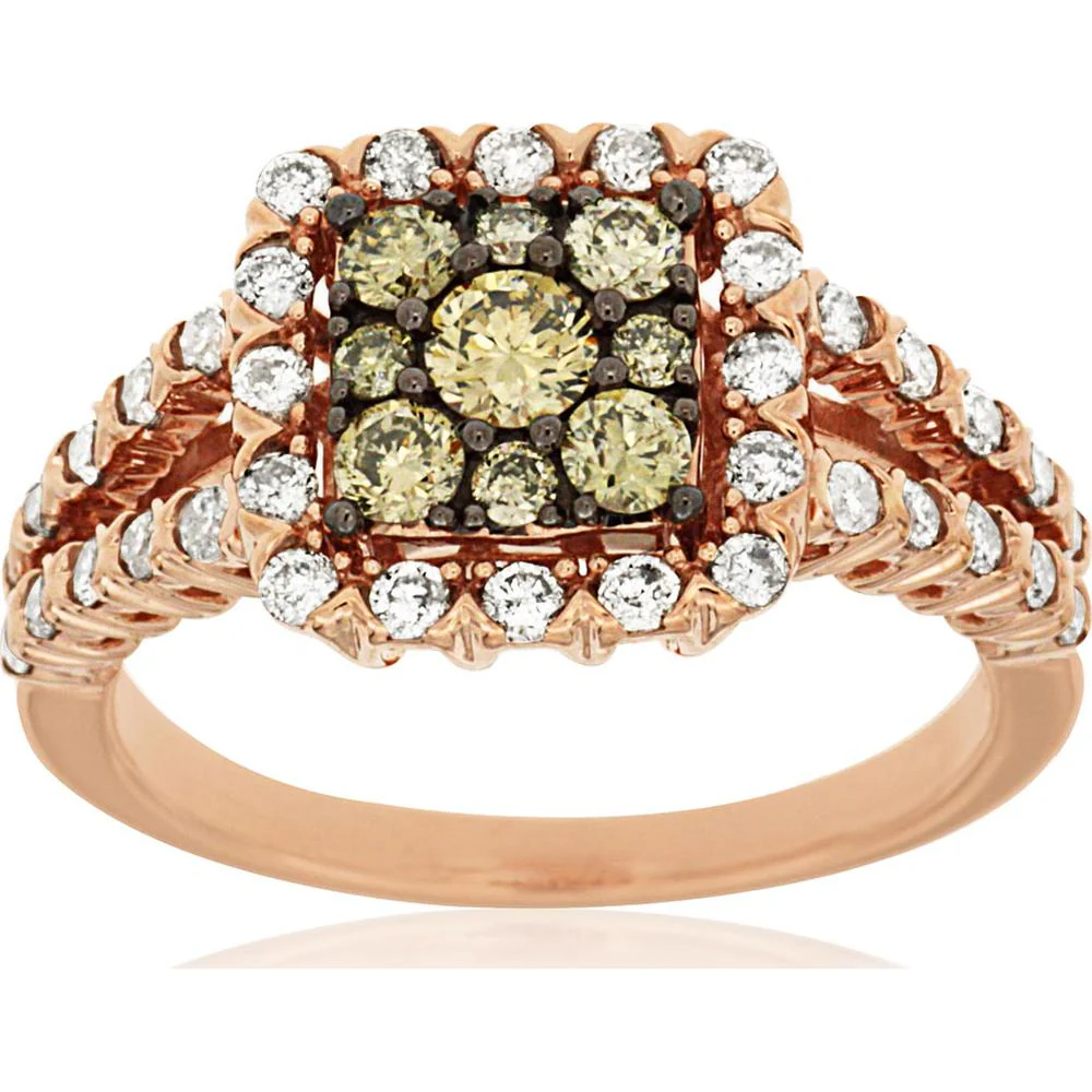 14K Rose Gold Square Halo Ring with Round Mocha Diamond Cluster and White Diamond Accents - 1.00 Carat Total Diamond Weight - Royal Jewelry