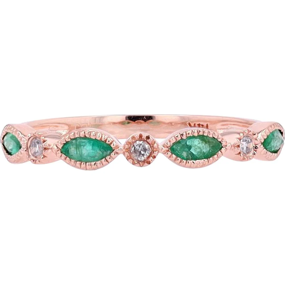 14K Rose Gold Stackable Band with Marquise Emeralds and 0.04 Carat Total Diamond Accents