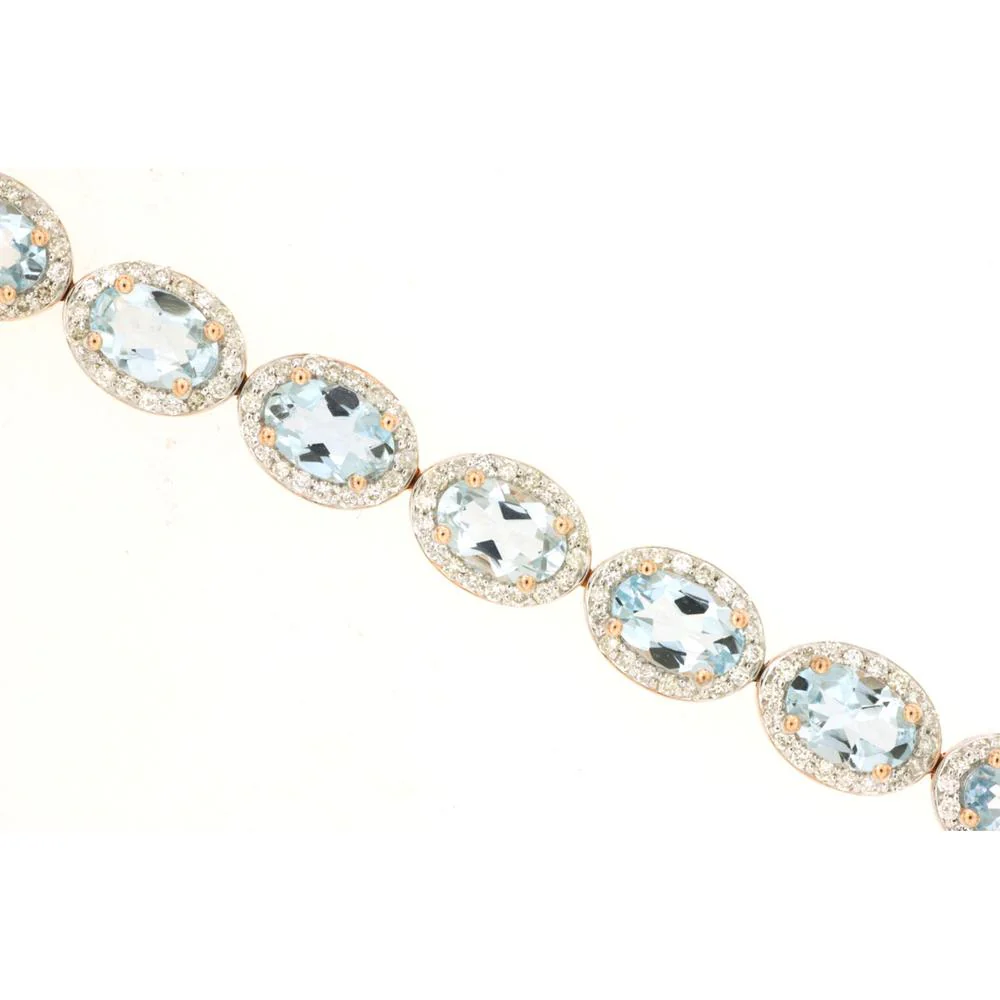 14K Rose Gold Station Bracelet with Oval Aquamarine and Diamond Halos - 8.40 Carat Total Aquamarine Weight, 1.40 Carat Total Diamond Weight - Royal Jewelry