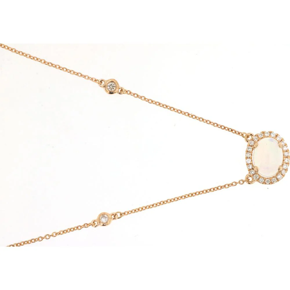 14K Rose Gold Station Necklace with Oval Opal and Diamond Halo - 0.90 Carat Opal and 0.27 Carat Total Diamond Weight - Royal Jewelry