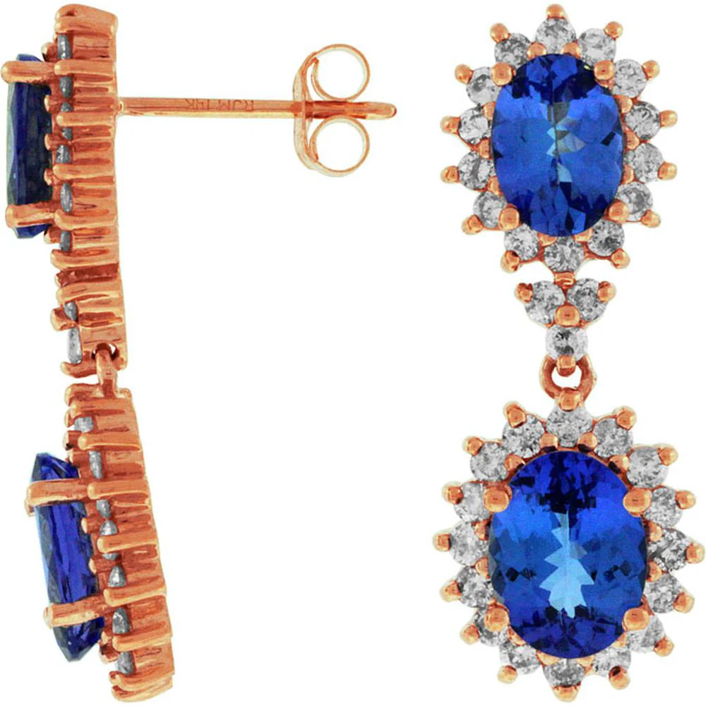 14K Rose Gold Tanzanite & Diamond Drop Earrings - 5.60 Carats Total Tanzanite Weight, 0.60 Carats Total Diamond Weight - Royal Jewelry