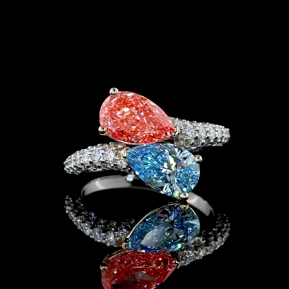 14K Three Tone Bypass Ring with Pear Shaped Fancy Vivid Pink and Blue Lab Diamonds and Pavé Accents - 3.27 Total Carat Weight - Covaloro Fine Jewelry