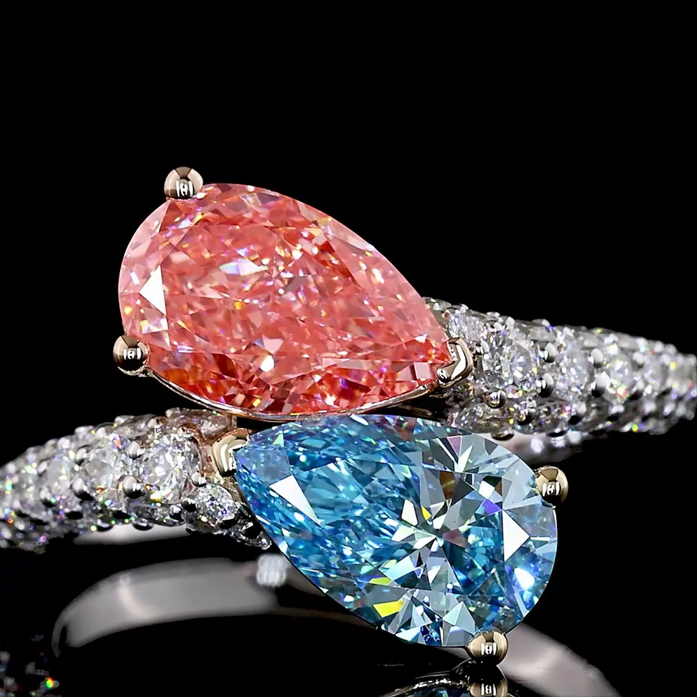 14K Three Tone Bypass Ring with Pear Shaped Fancy Vivid Pink and Blue Lab Diamonds and Pavé Accents - 3.27 Total Carat Weight - Covaloro Fine Jewelry - Image 2