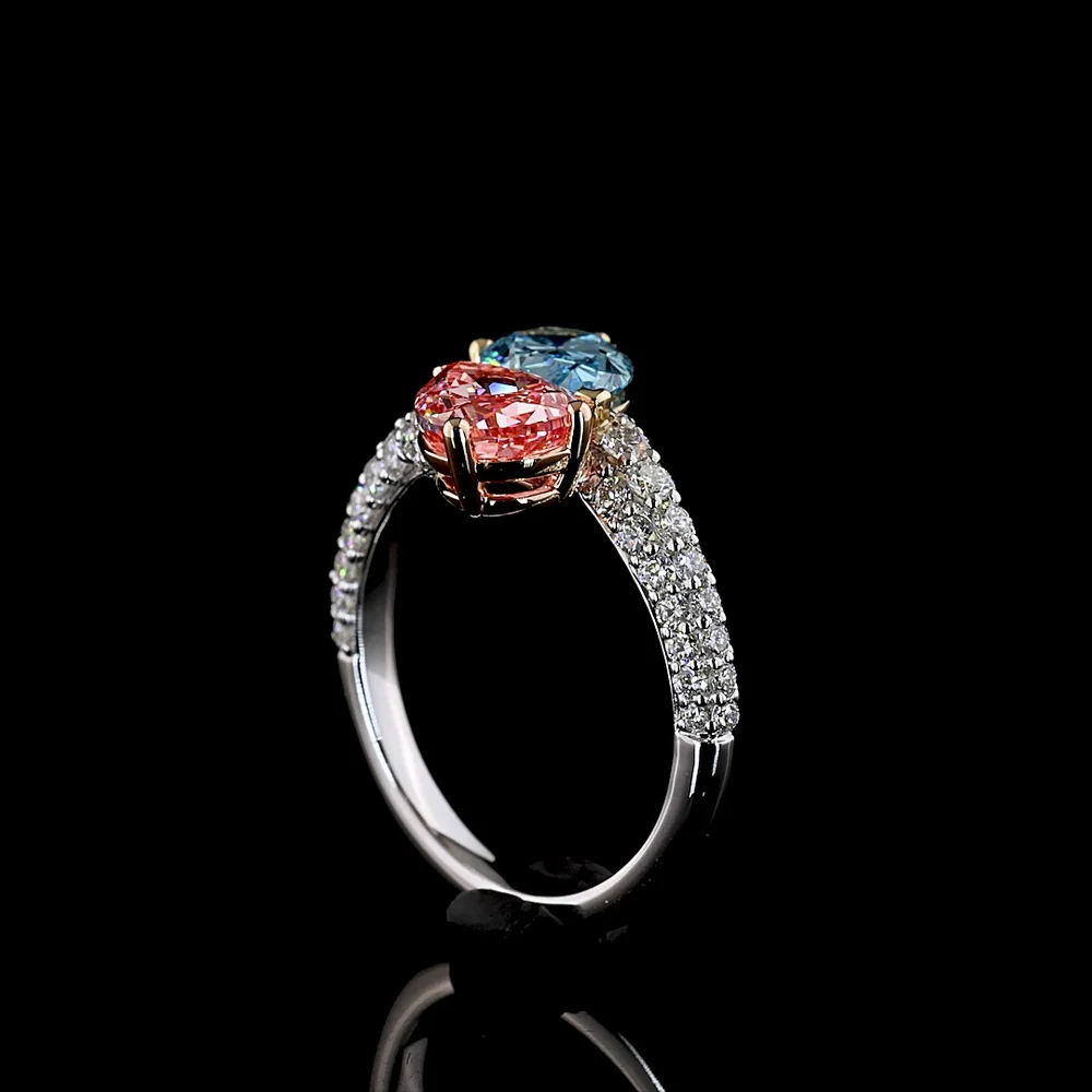 14K Three Tone Bypass Ring with Pear Shaped Fancy Vivid Pink and Blue Lab Diamonds and Pavé Accents - 3.27 Total Carat Weight - Covaloro Fine Jewelry - Image 3