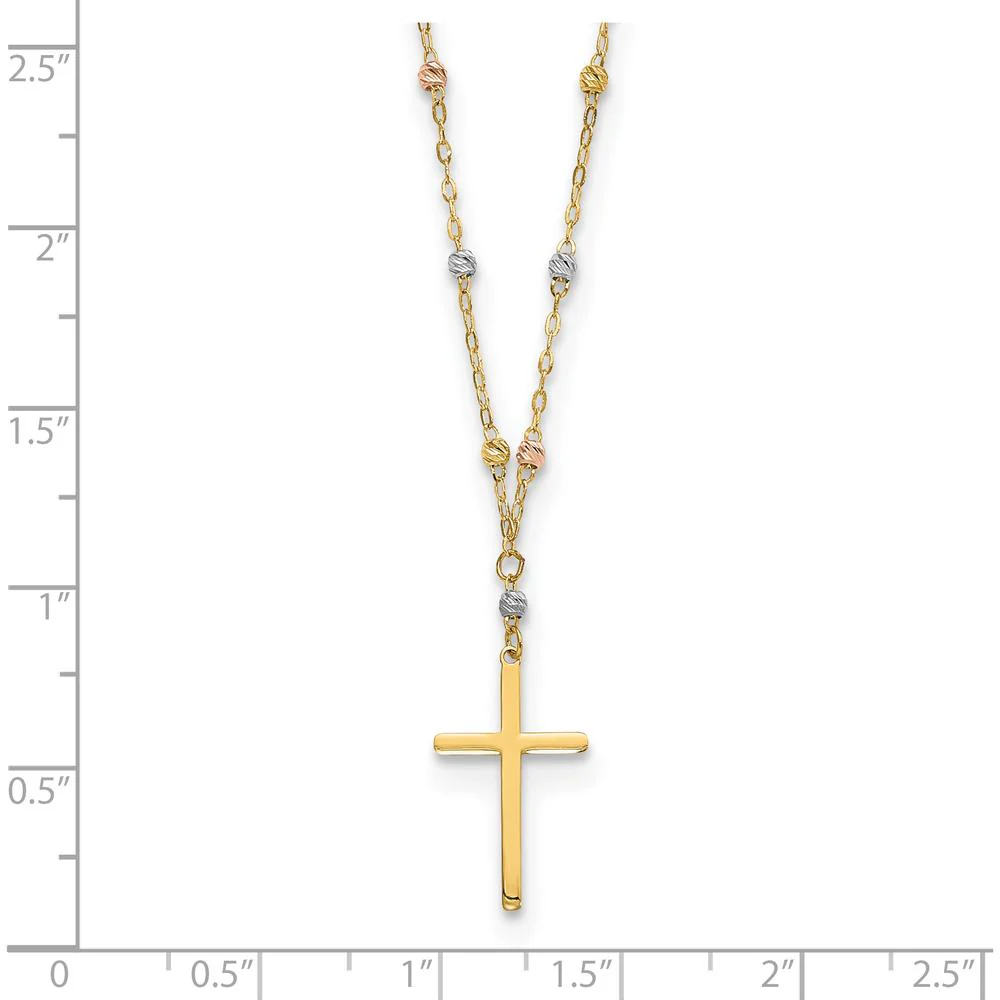 14K Tri-Color Diamond-Cut Beaded Chain Necklace with Polished Cross Pendant - 17" by Oro Pregiato - Image 3